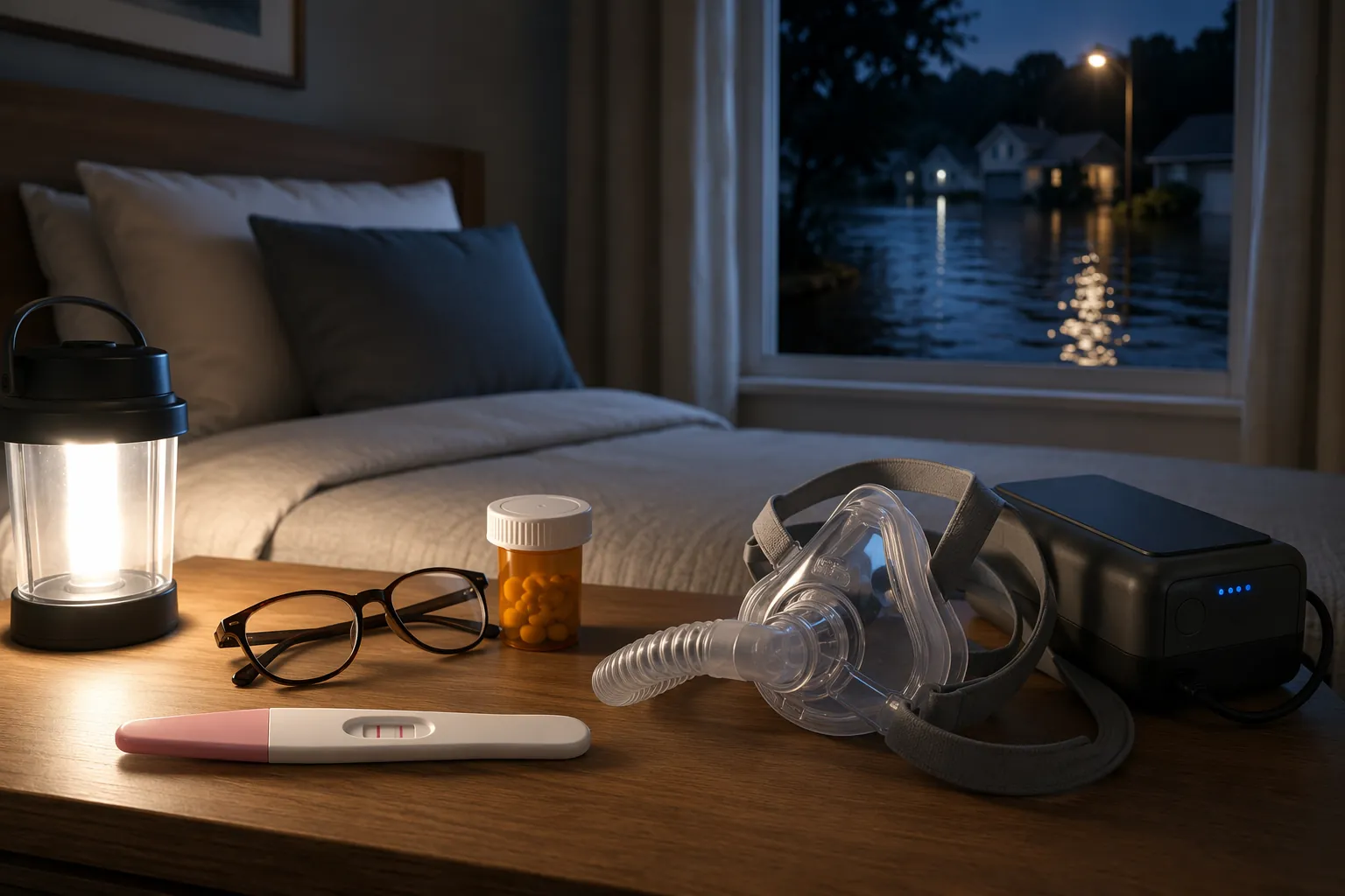 Bedroom at night with floodwater outside and pregnancy, medication, and CPAP supplies on the bedside table