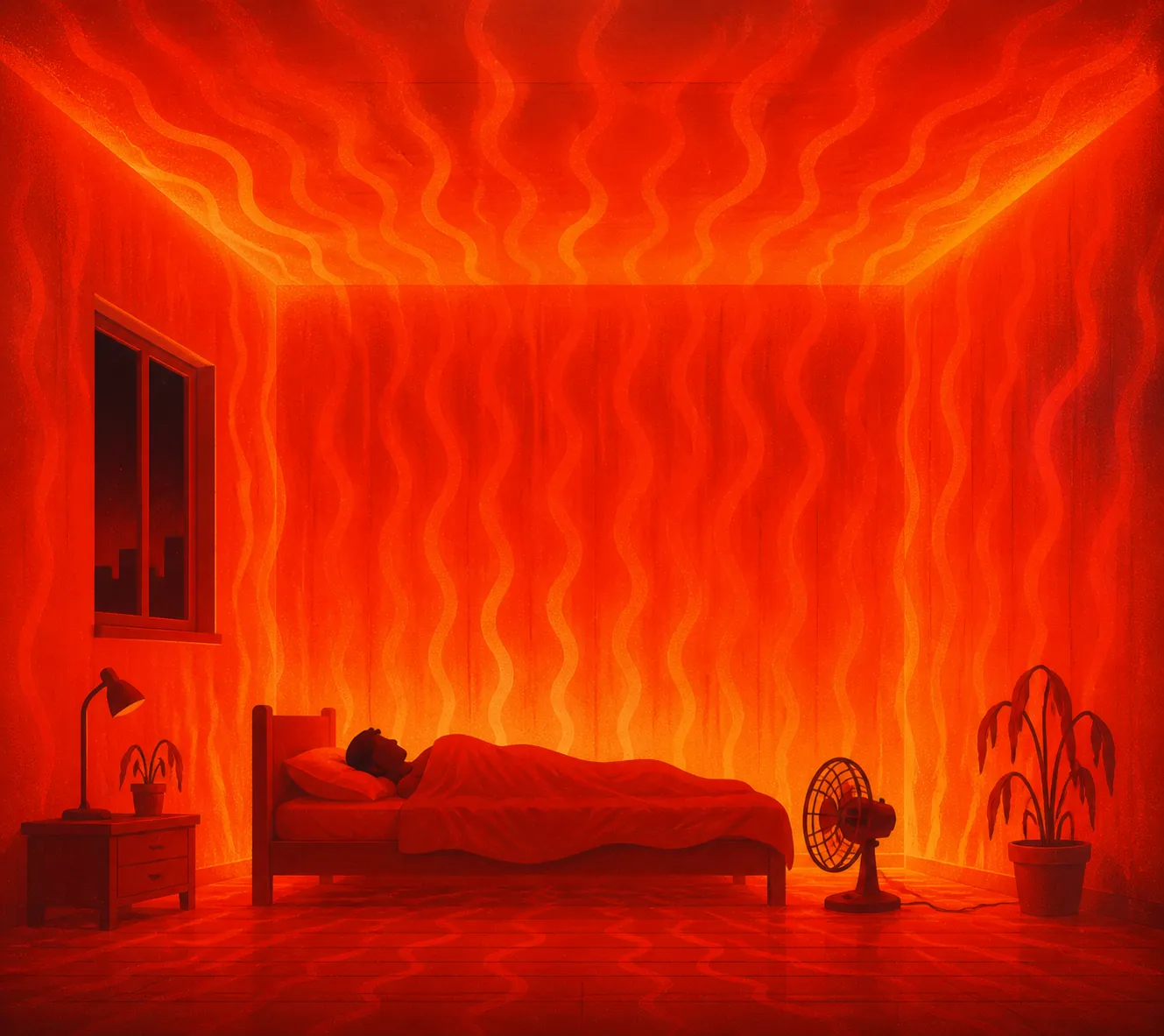 Sleeper beside a fan in a red-orange overheated room where heat overwhelms body cooling