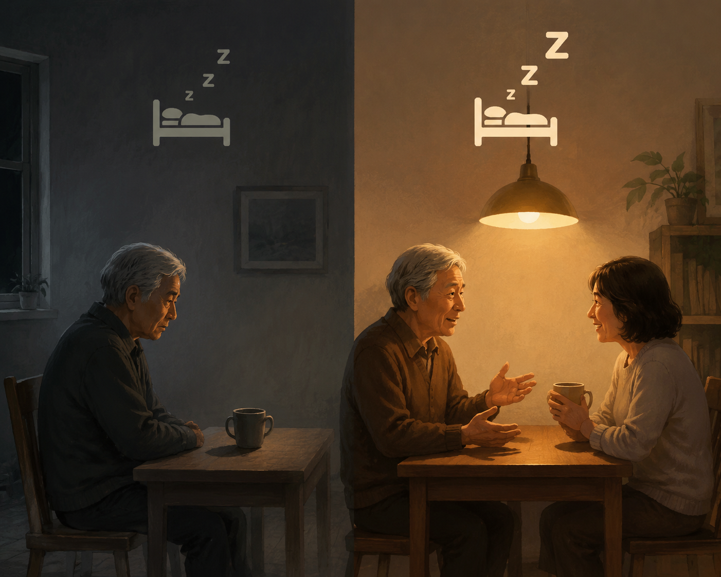 Split illustration of an older adult alone at a table beside the same person talking with someone else, with sleep looking more settled on the connected side.