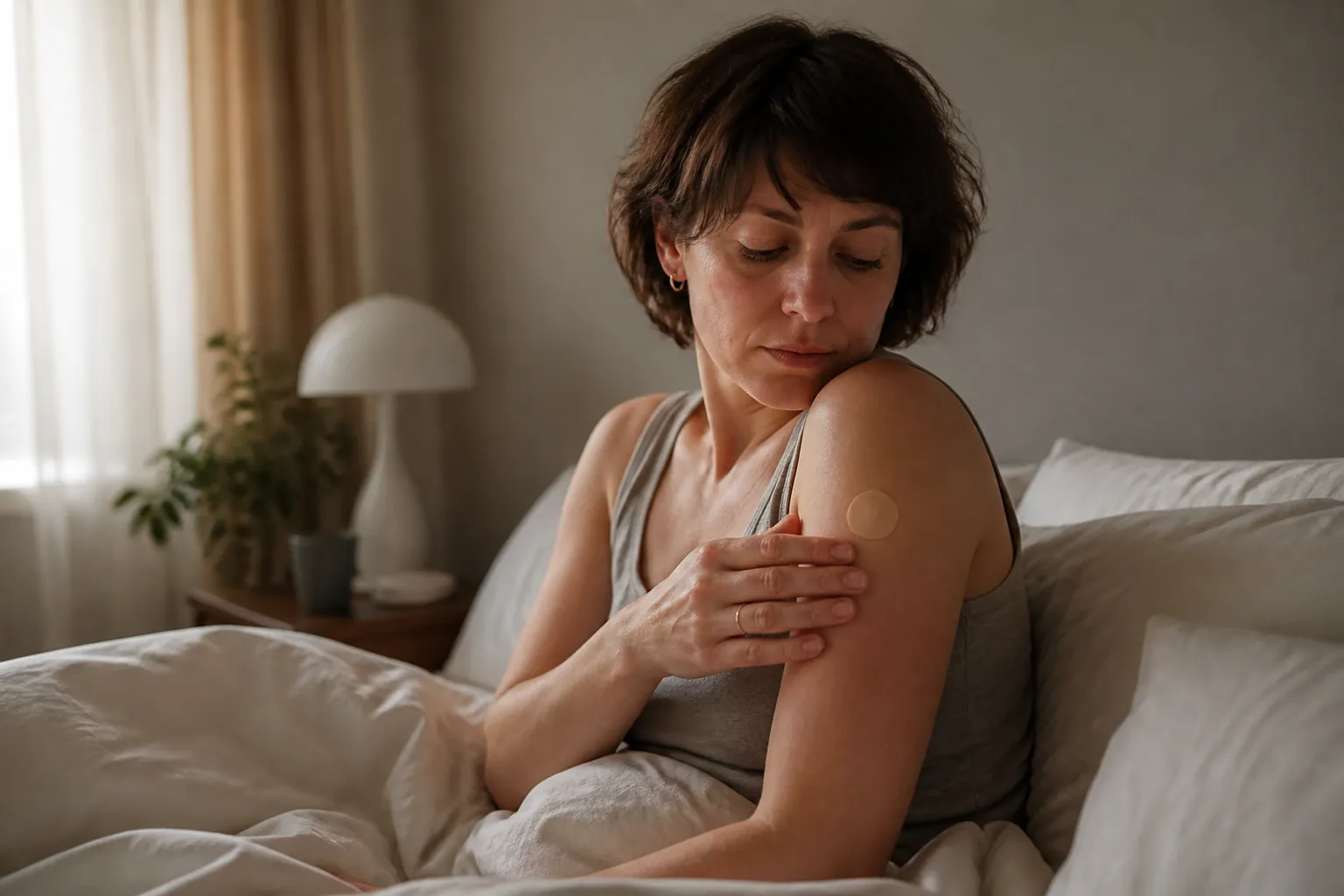 A tired person lying in bed at dawn with a small bandage visible on the upper arm