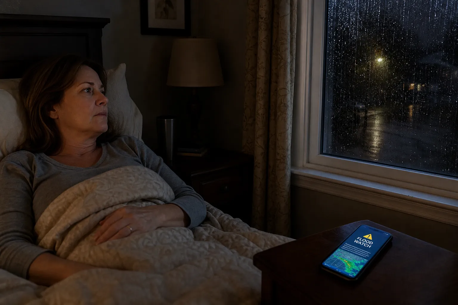 A woman lying awake at night beside a glowing flood watch alert while rain streaks the window