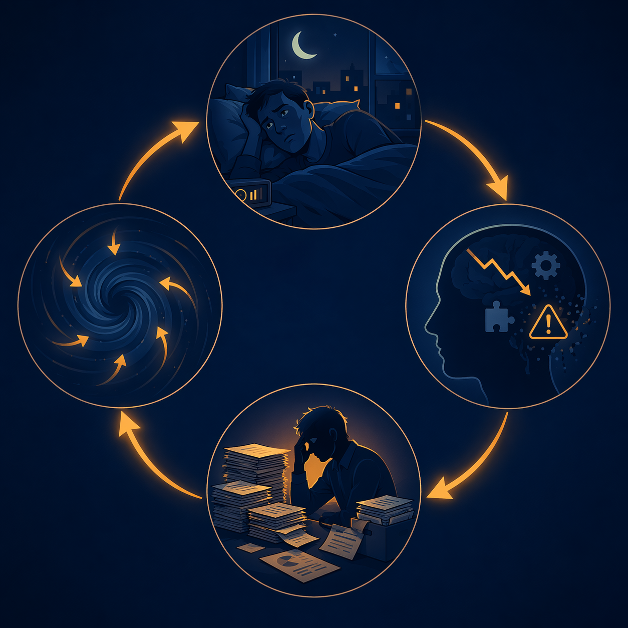 Circular diagram showing financial worry, poor sleep, impaired decision-making, and renewed stress feeding into one another