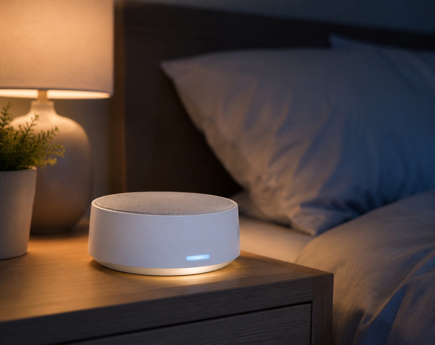 A white noise machine glowing softly on a nightstand beside a bed