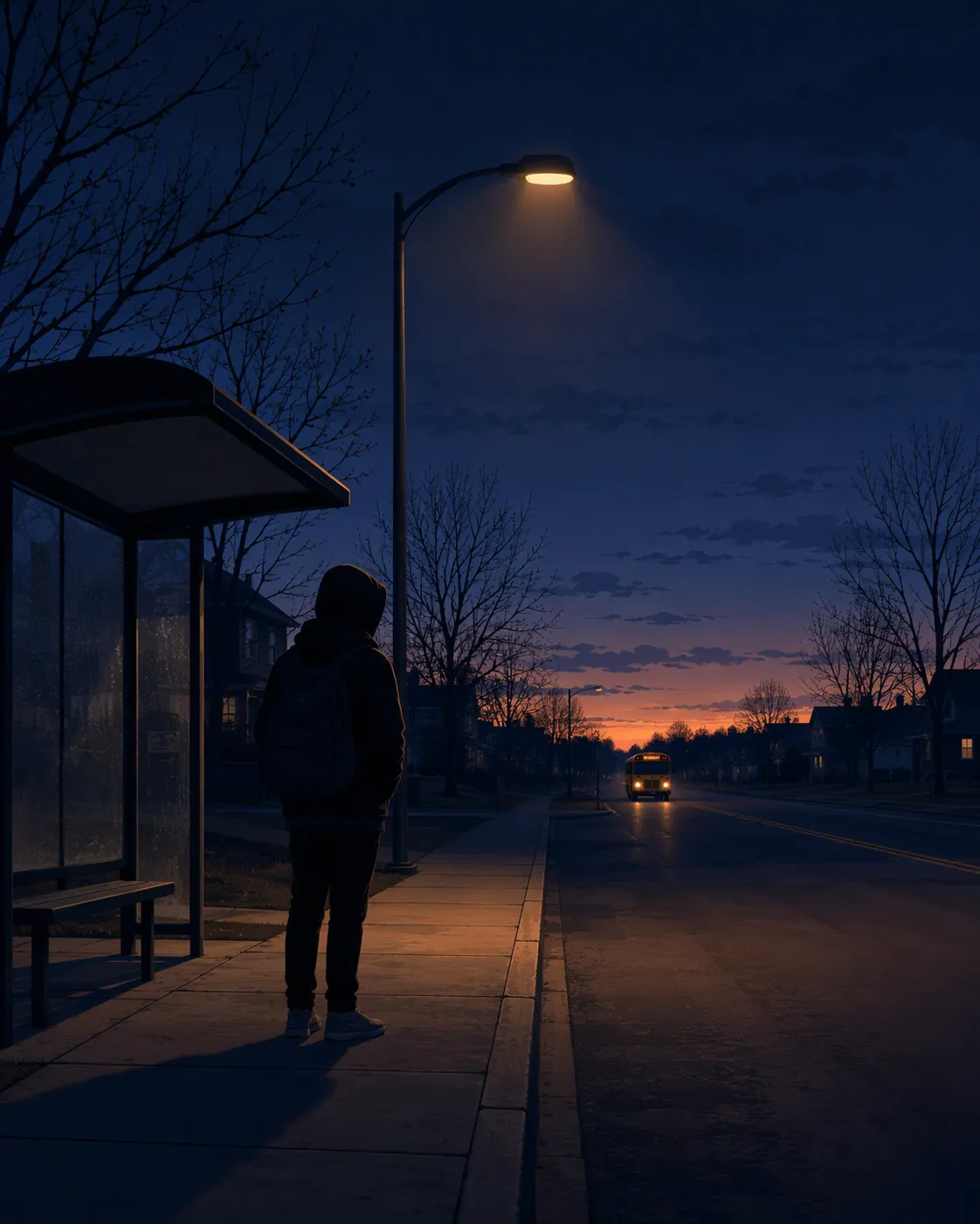 A dark early-March bus stop before sunrise with a backpacked student silhouette and a distant school bus approaching