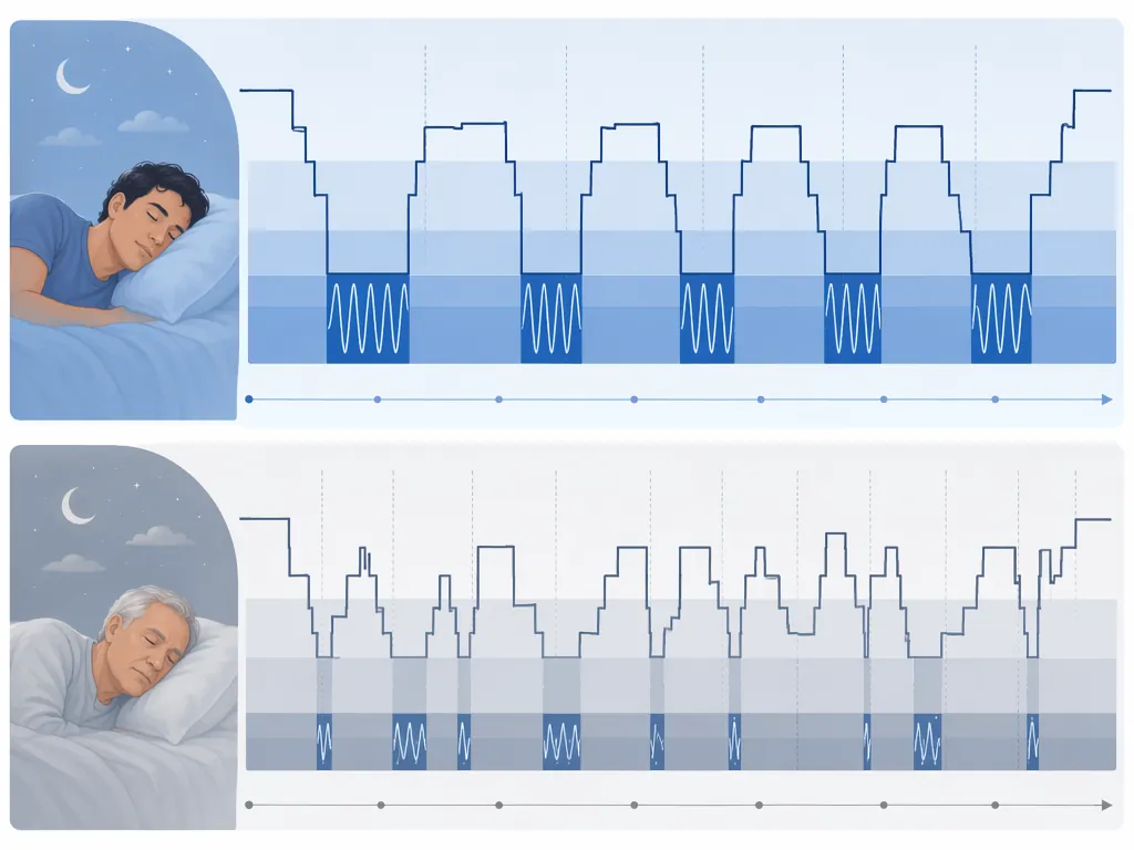 Side-by-side sleep stage graphs comparing continuous slow-wave sleep in a younger adult with fragmented slow-wave sleep in an older adult