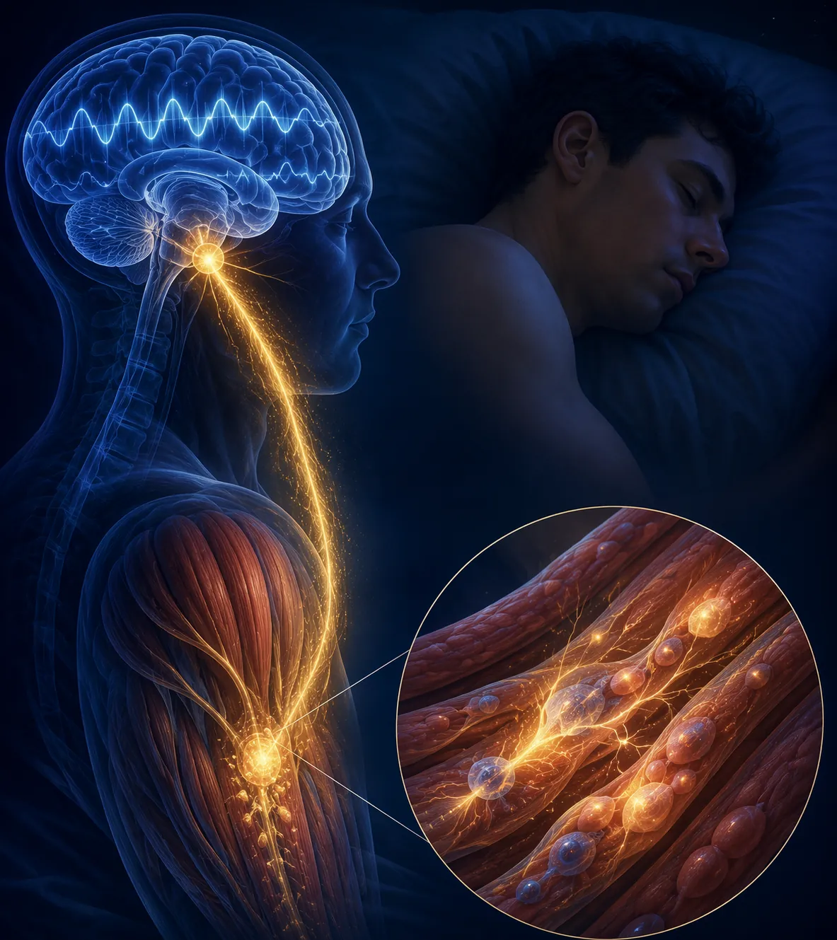 Deep sleep delta waves sending a repair signal toward muscle tissue