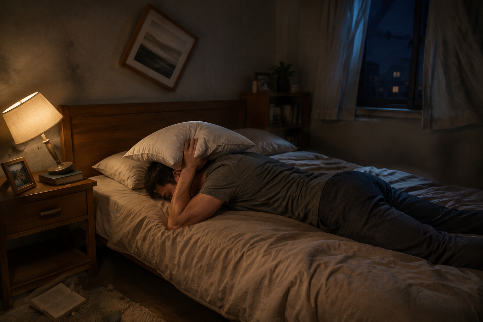 Person lying face down in bed with a pillow over the head and neck during earthquake shaking