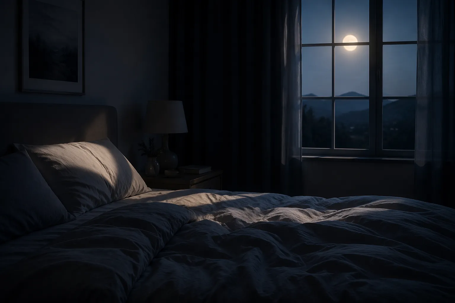 Dim quiet bedroom at night with soft moonlight and rumpled sheets