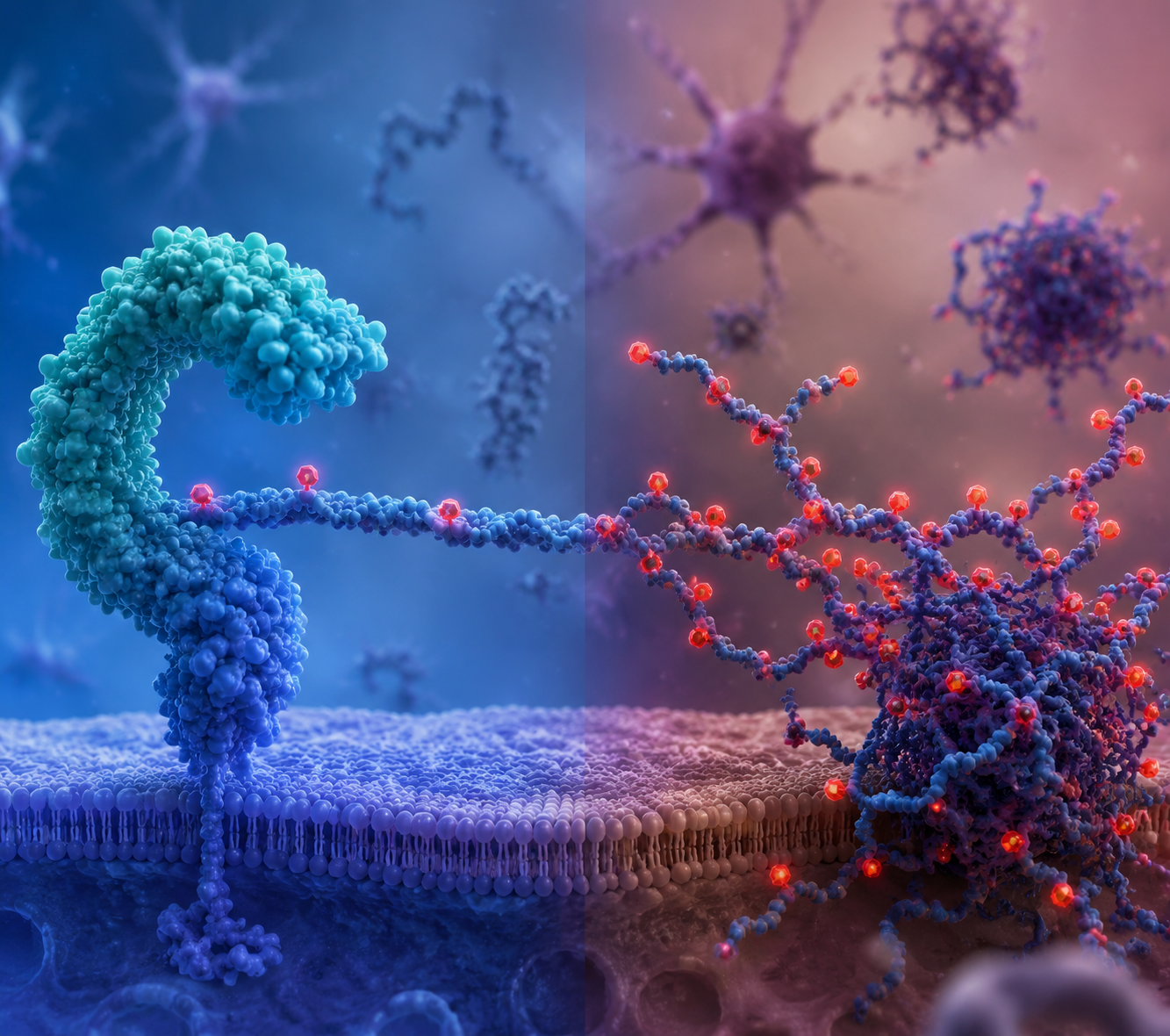 Molecular illustration of SORLA on a neural membrane interacting with healthy and hyperphosphorylated tau