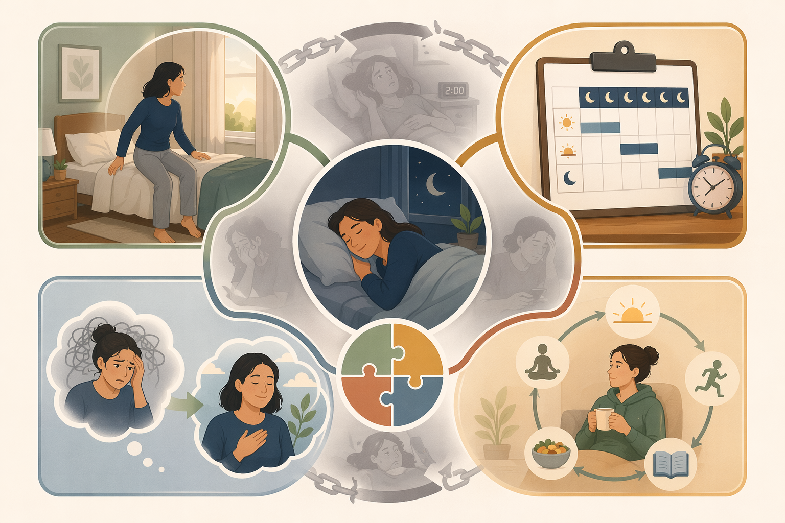 Illustration of CBT-I components including stimulus control, sleep scheduling, cognitive restructuring, and behavioral consistency