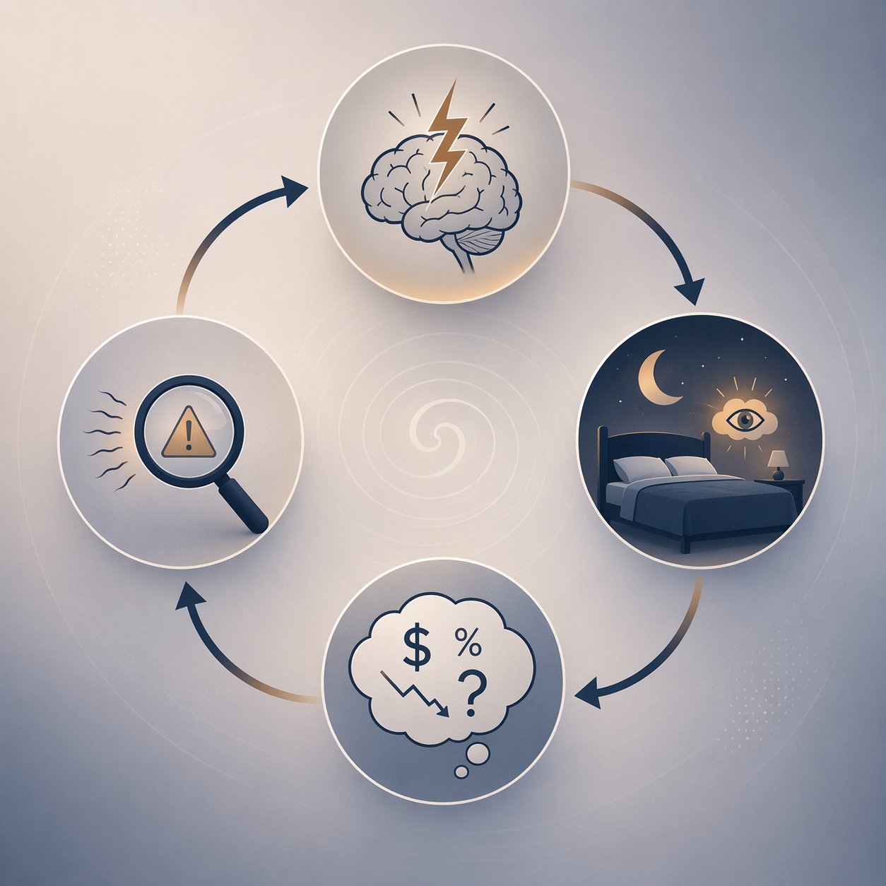 A loop diagram showing stress, sleeplessness, financial rumination, and threat scanning in a continuous cycle.