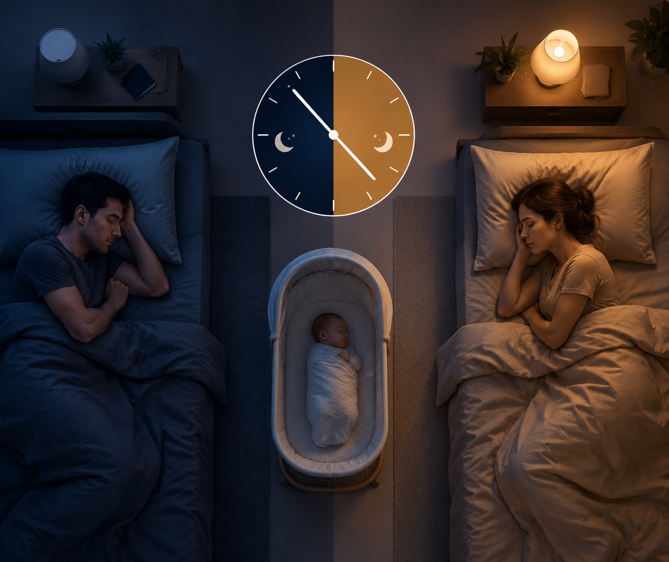 Two separate nighttime sleep spaces with a baby bassinet between them and a clock dividing the night into shifts