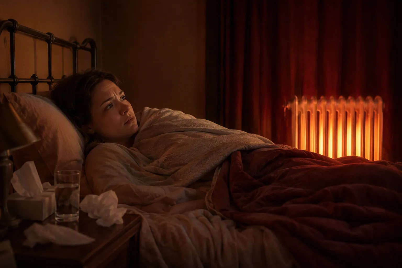 An overheated winter bedroom with a glowing radiator, heavy curtains, too many blankets, and an awake flushed woman