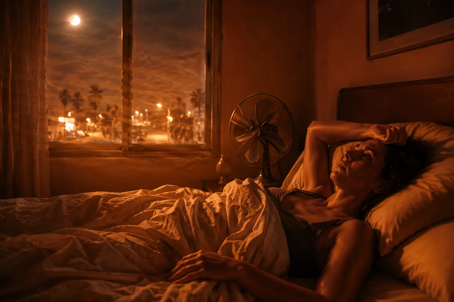 Person lying awake in a warm bedroom with a fan nearby during sustained nighttime heat