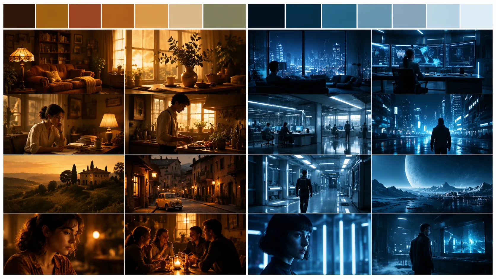 Warm muted film palette compared with cool blue and neon film palette