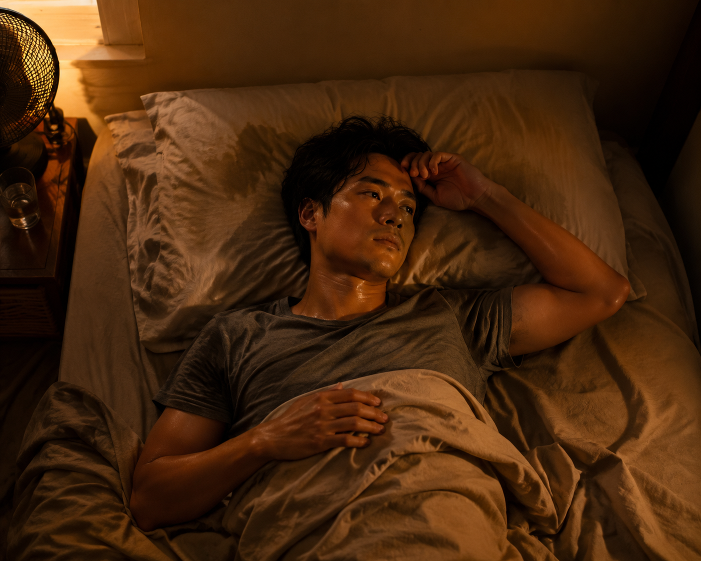 Restless person lying awake in a warm bedroom with tangled sheets and a damp pillow