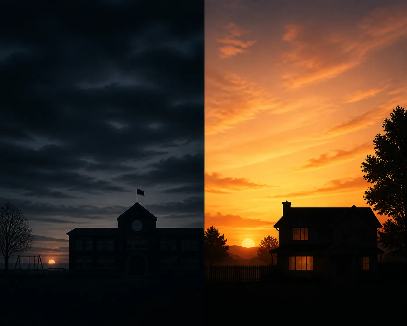 Illustration of a dark school morning and a bright evening sunset showing how spring daylight saving time shifts light cues