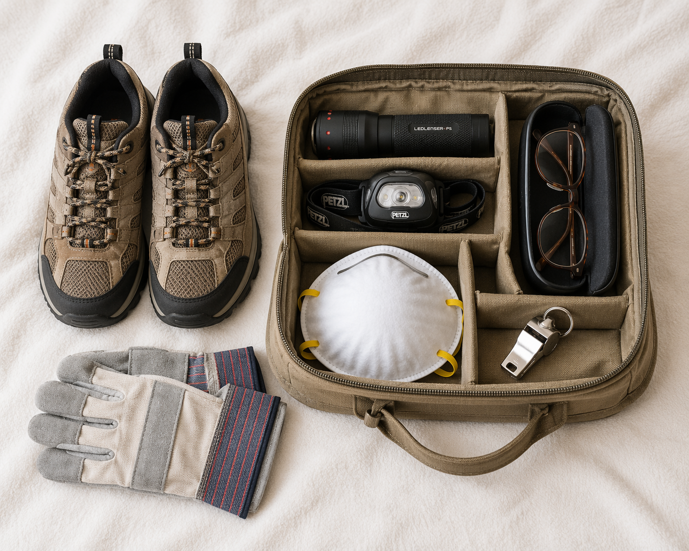 A flat lay of earthquake bedside kit items arranged inside an open canvas bag.