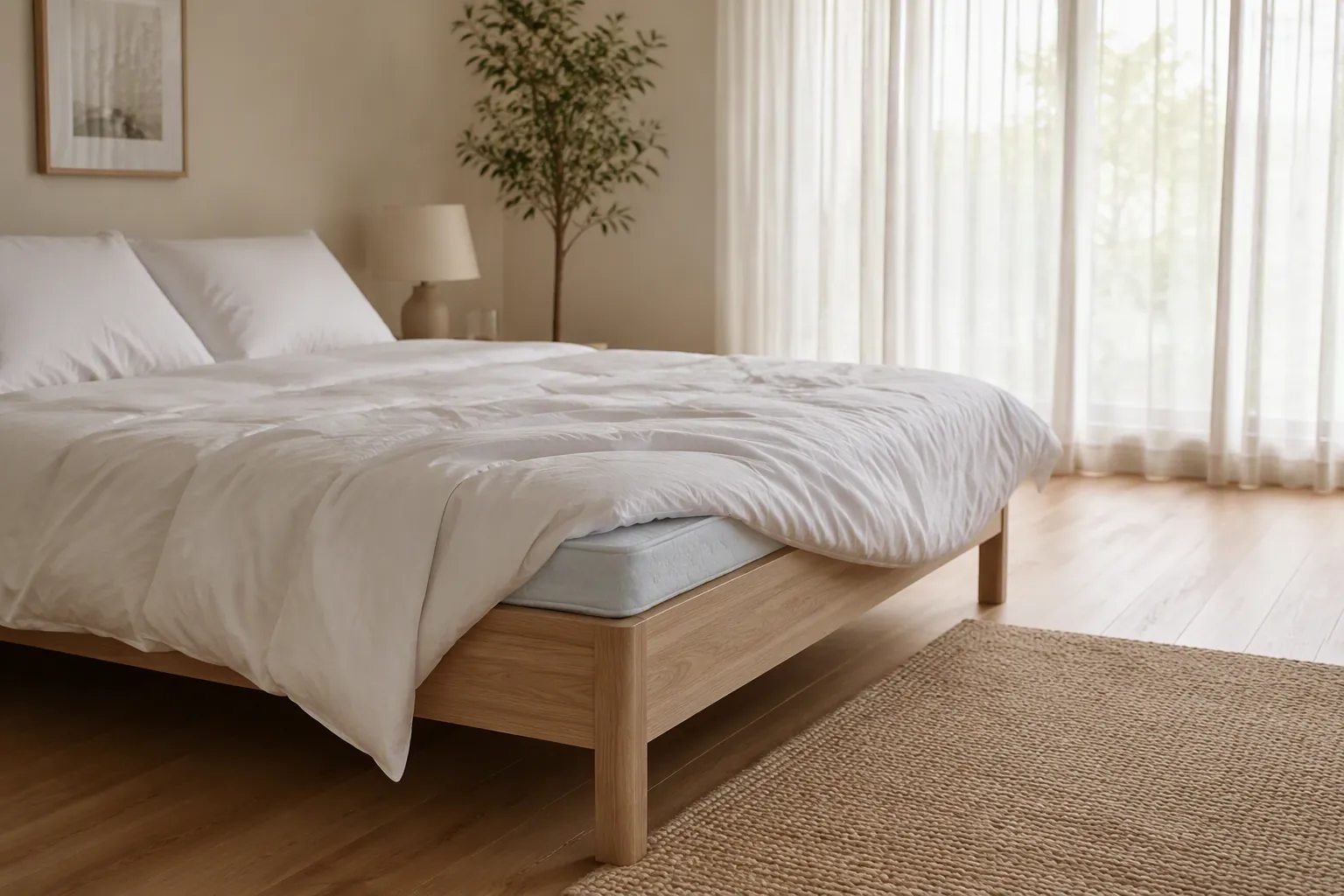 Airy bedroom with white sheets, a light duvet, and a visible cooling mattress topper