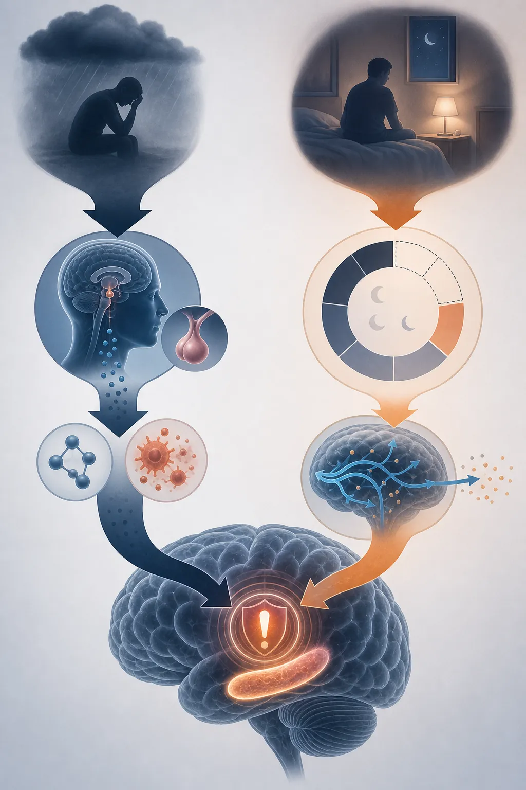 Medical illustration of depression-related stress and insomnia-related interrupted sleep pathways converging on a brain