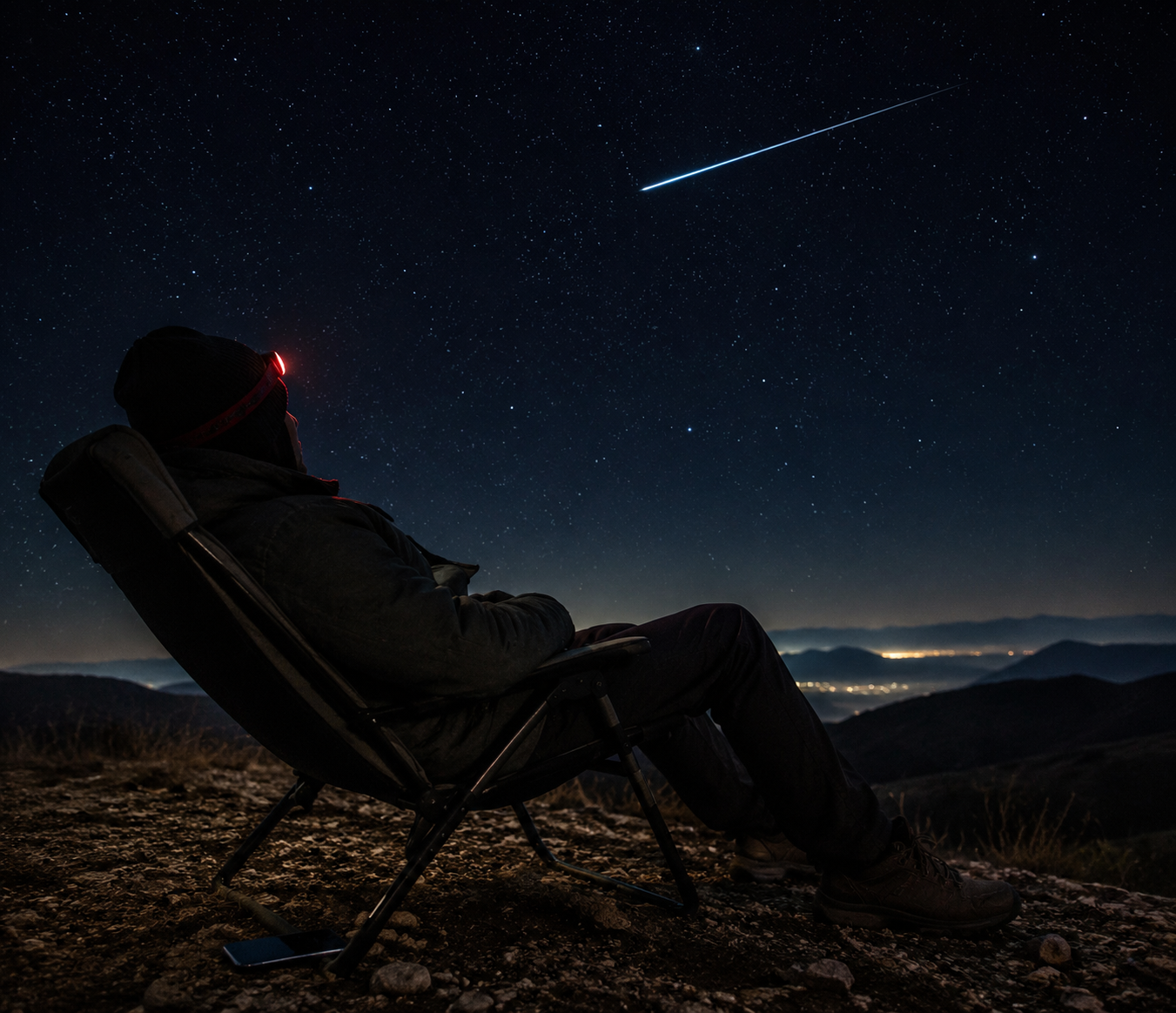 Person reclining outdoors under a meteor-streaked sky with warm layers, a dim red headlamp, and a phone placed face-down