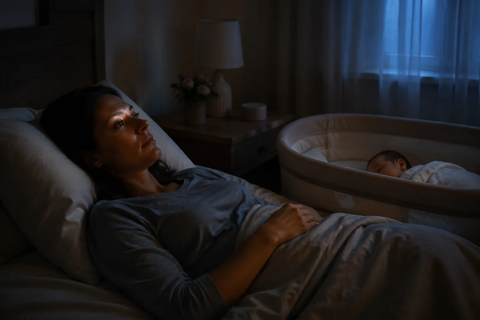 A new mother lies awake in a dimly lit nursery while her baby sleeps nearby