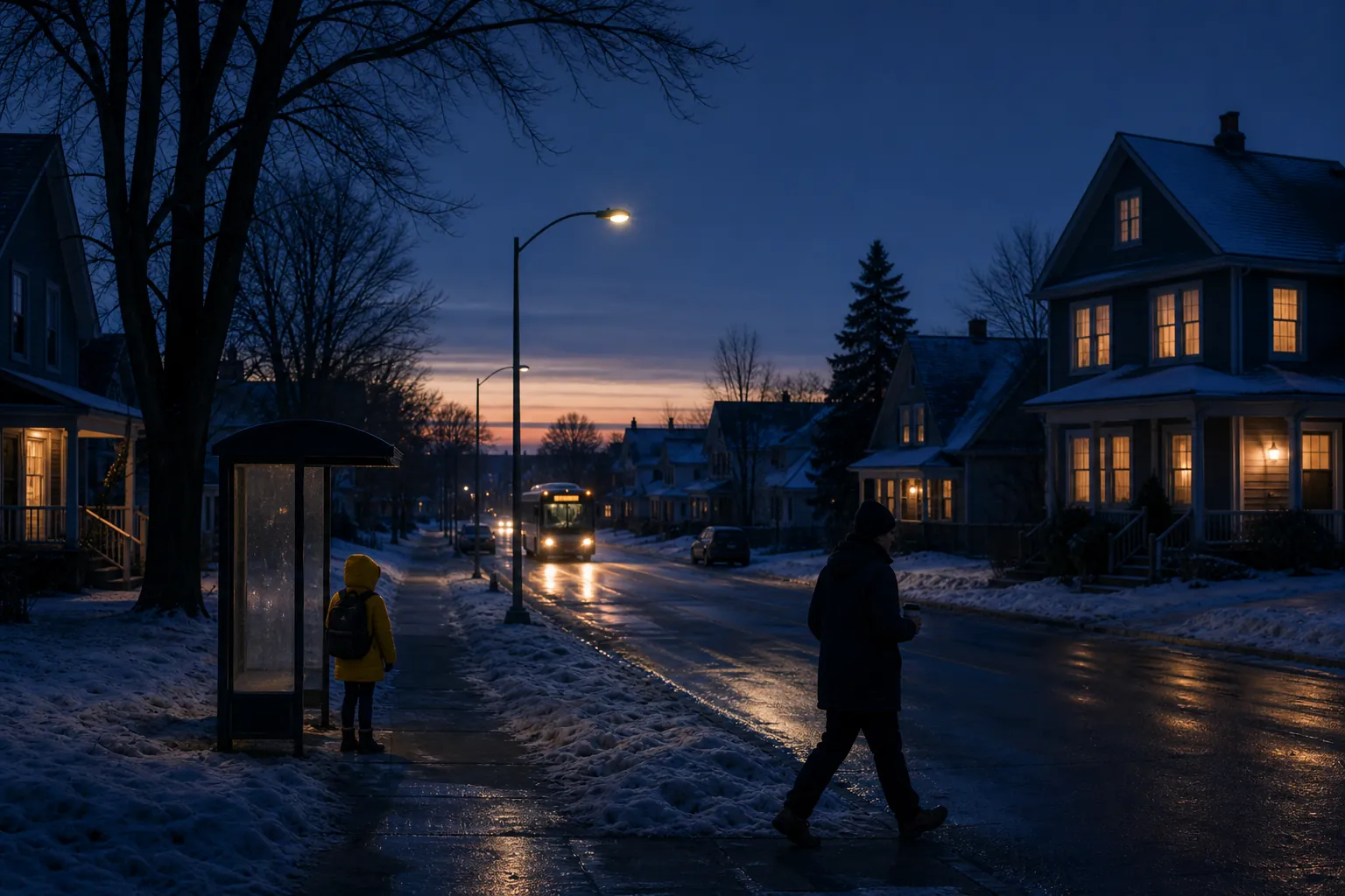 Dark winter morning with a schoolchild at a bus stop and a commuter walking before sunrise
