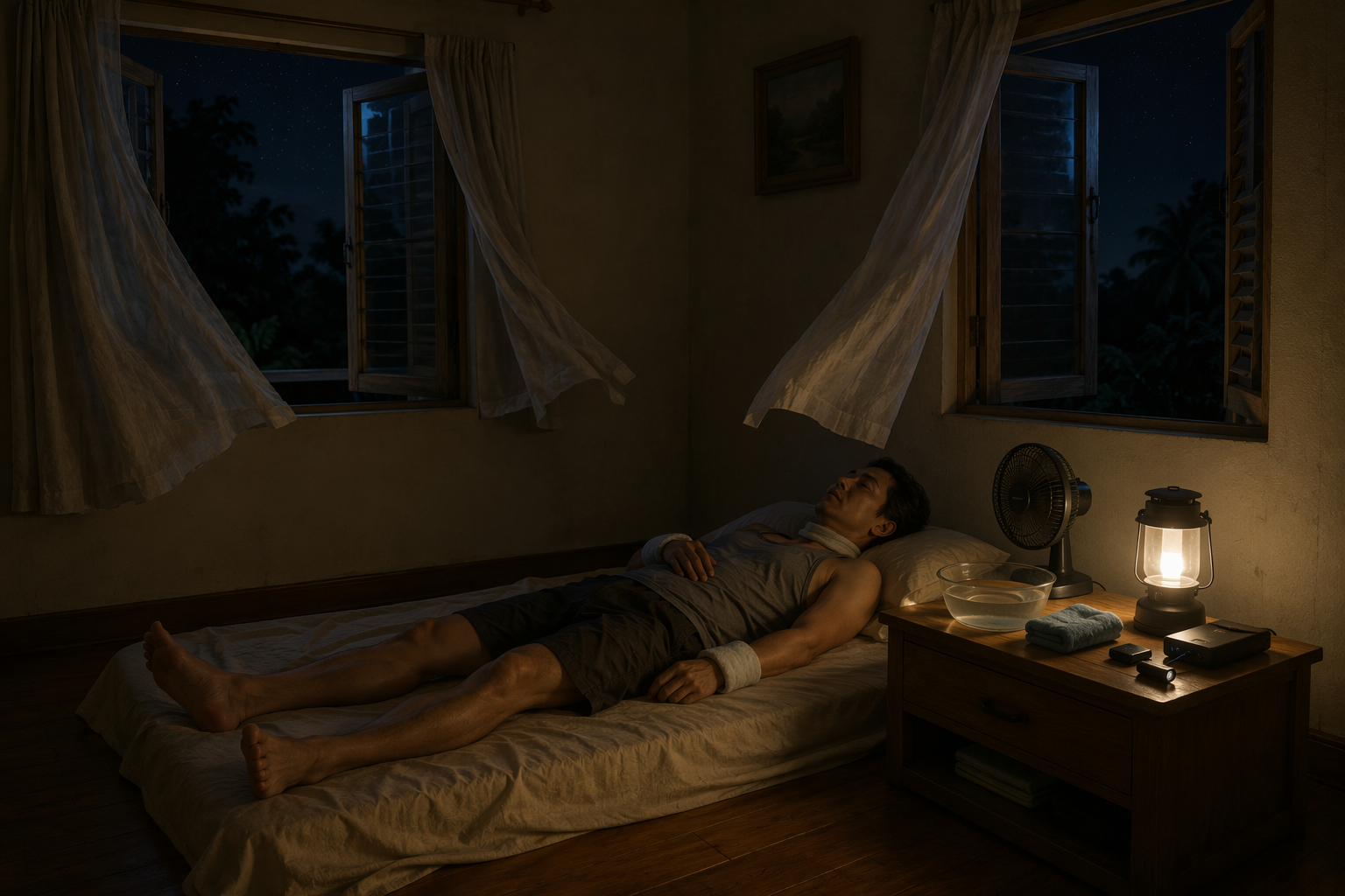 Hot power outage bedroom with cross-ventilation, lightweight bedding, battery fan, cool water, and washcloths on pulse points