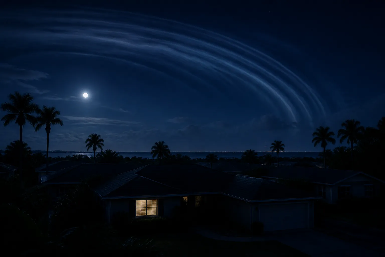 A quiet coastal neighborhood at 2 a.m. with a sonic shockwave ripple crossing the night sky above sleeping homes