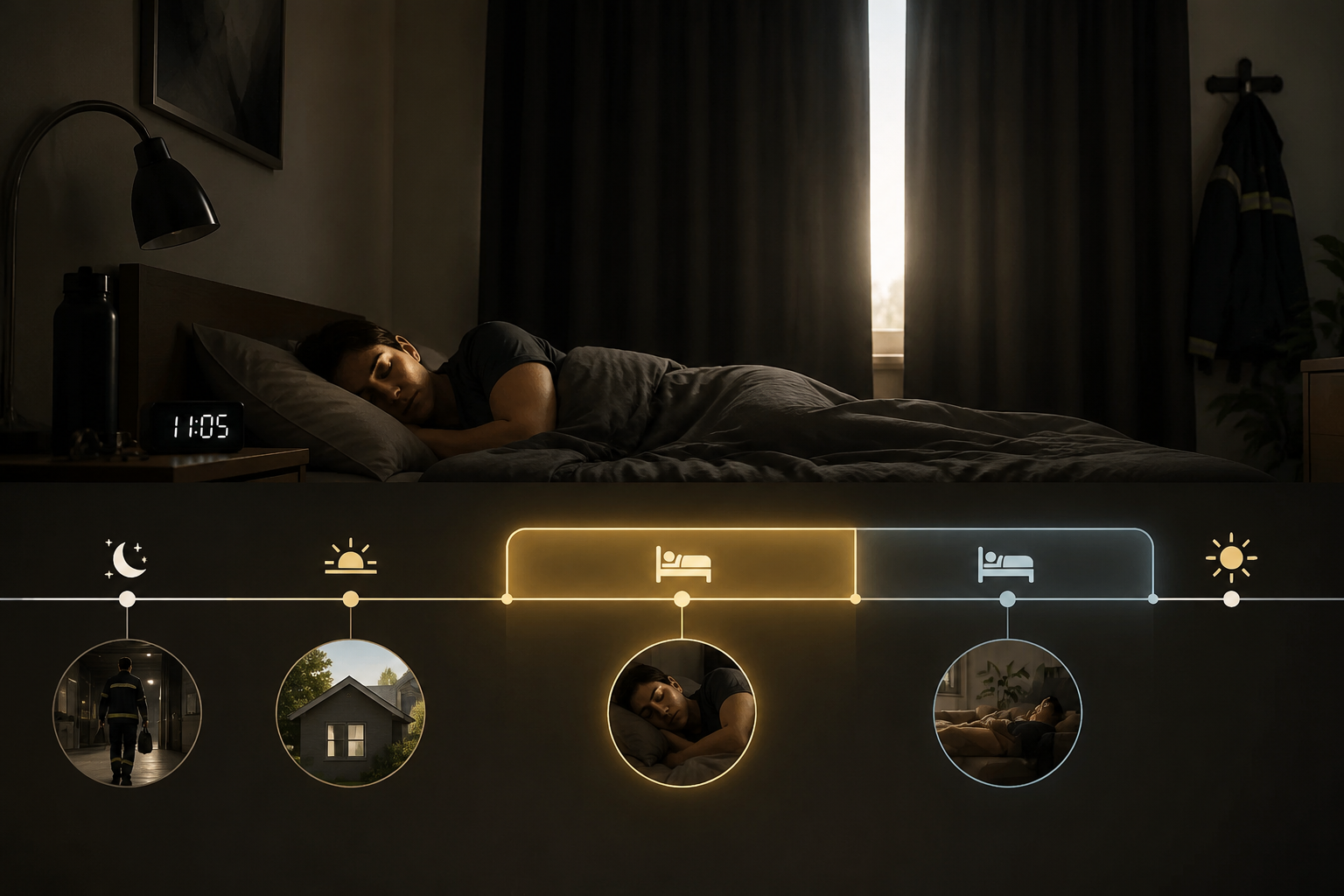 Daytime bedroom with blackout curtains and a four-hour anchor sleep window for shift workers