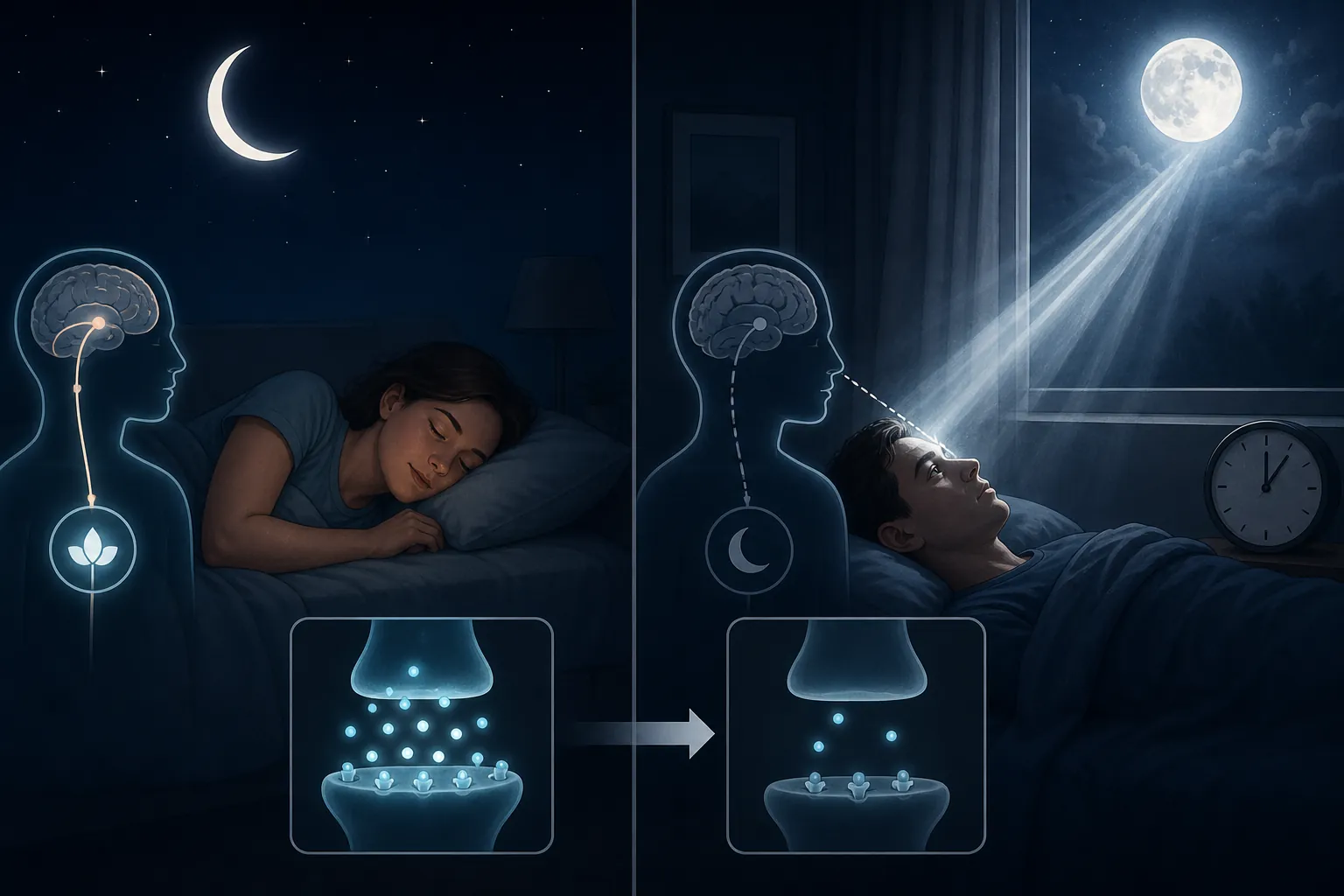 Illustration comparing calmer sleep under a crescent moon with brighter full moonlight and later bedtime