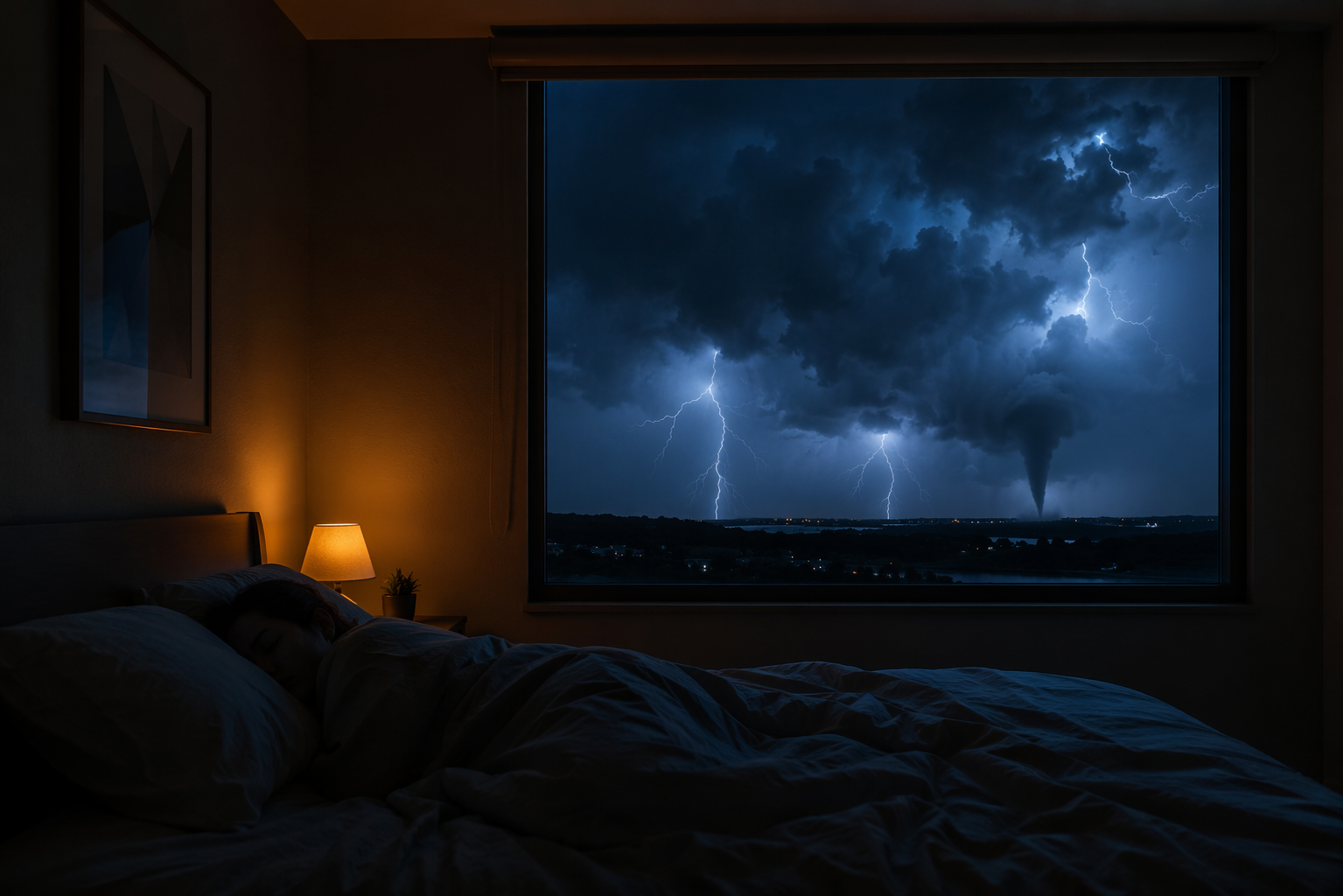 A sleeping person in a dark bedroom while lightning and a faint tornado funnel appear outside the window