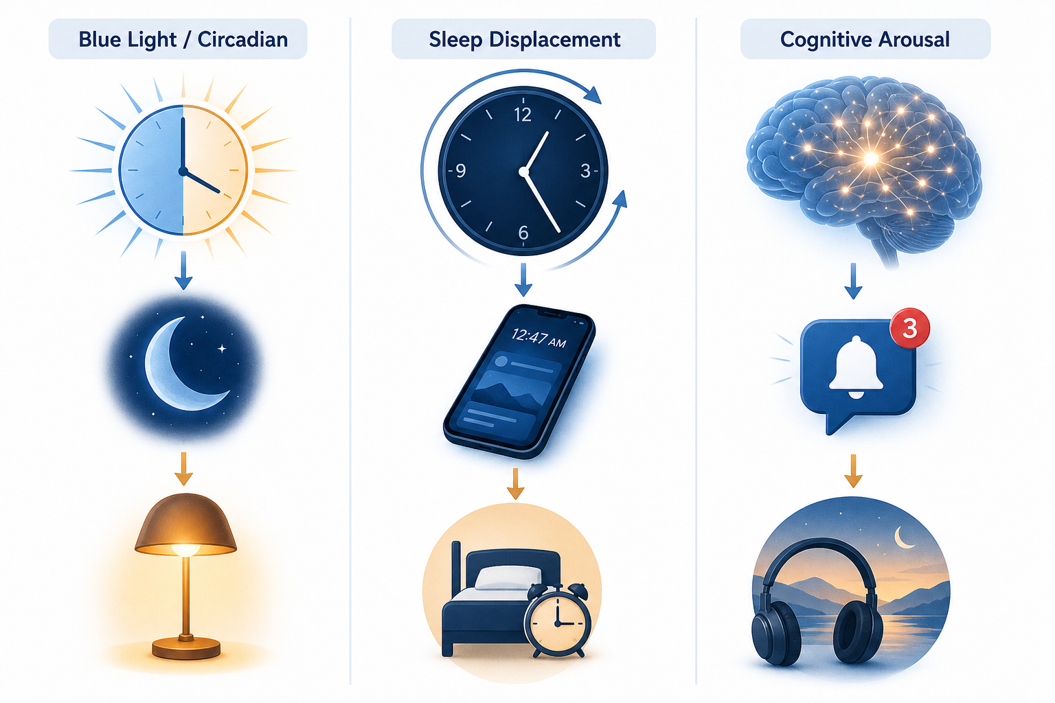 Editorial illustration with three columns showing pathways from technology to sleep disruption and their countermeasures: blue light and circadian disruption with warm light icon, sleep displacement with clock and phone icon, and cognitive arousal with brain activity and calm scene icon, in soft blue and amber palette.