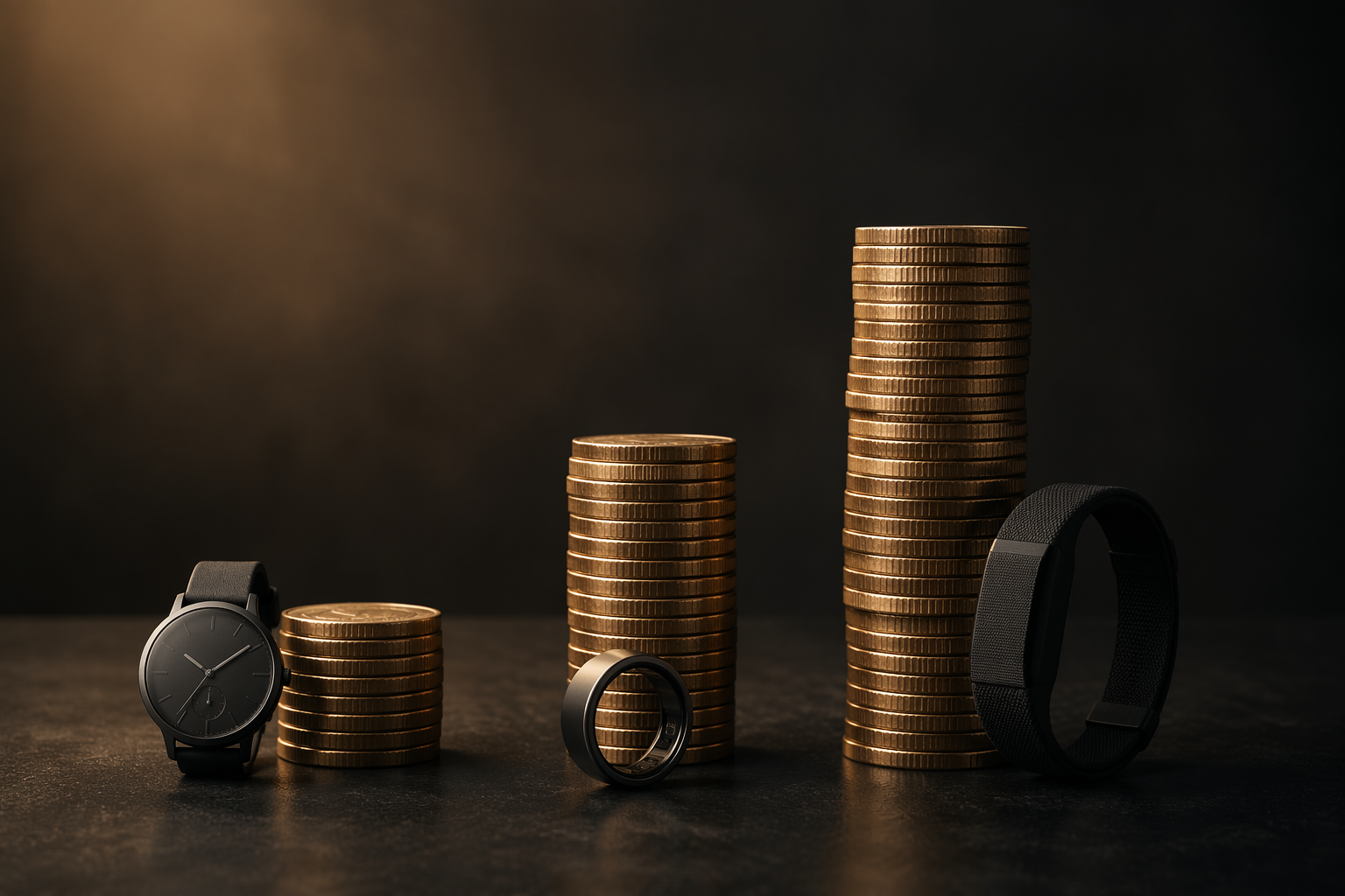 Coin stacks comparing three-year costs for a watch, ring, and band