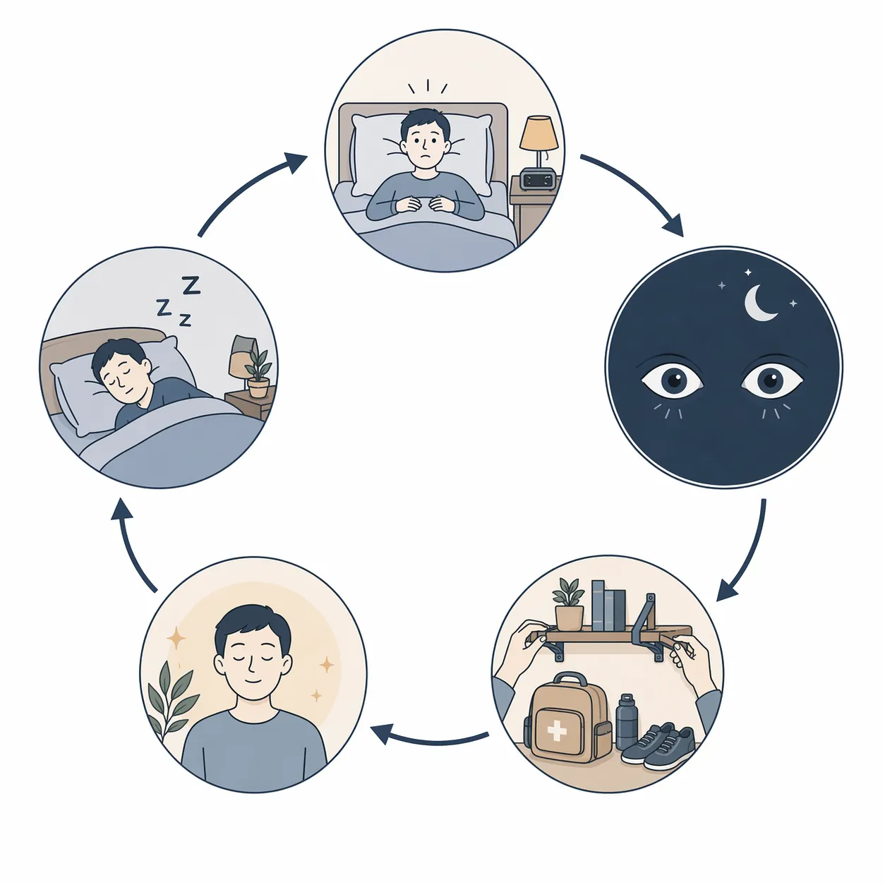 Circular diagram showing fear of helplessness, hypervigilance, preparedness action, restored control, and sleep onset