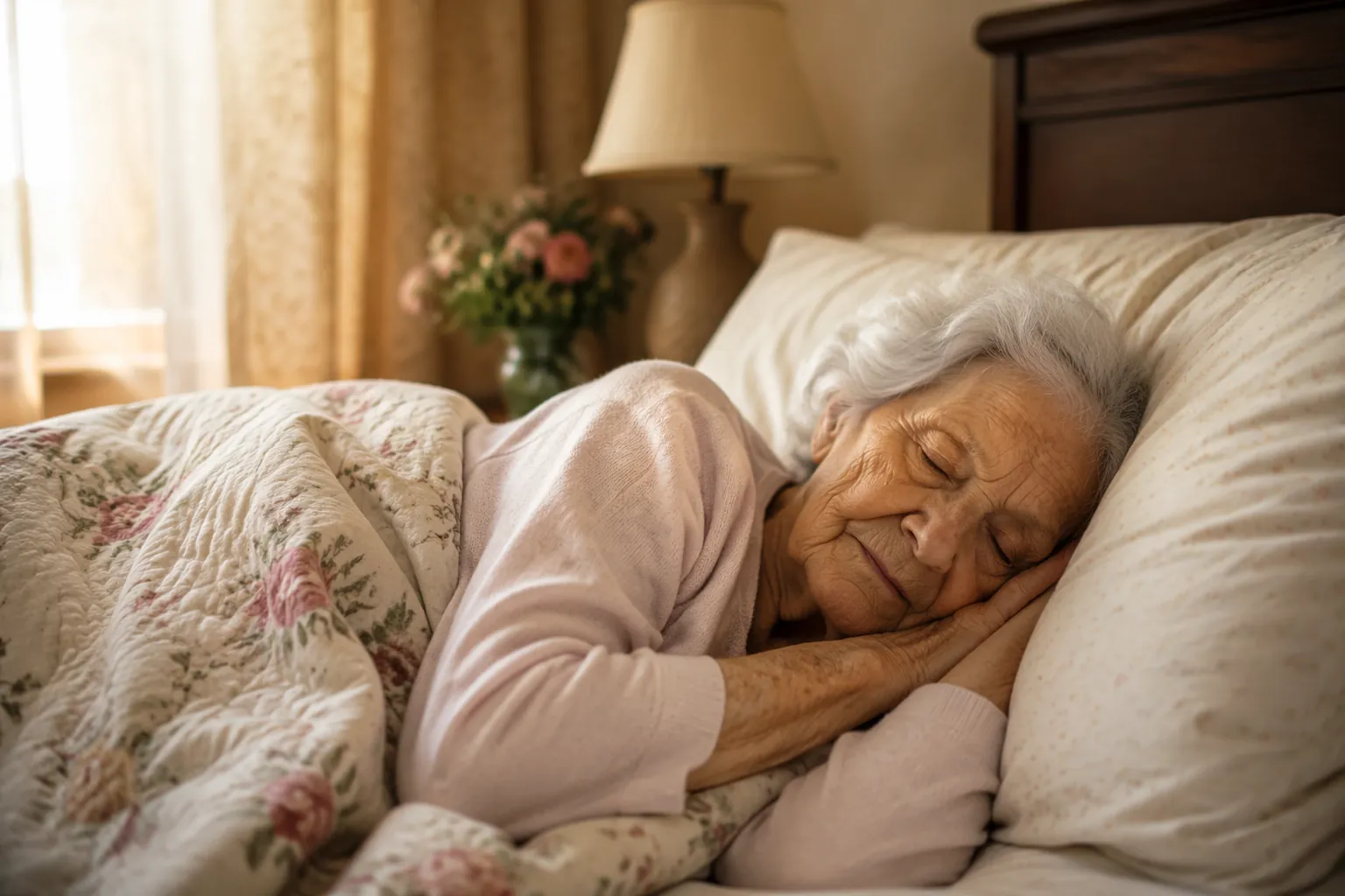 Very elderly person sleeping peacefully in warm morning light