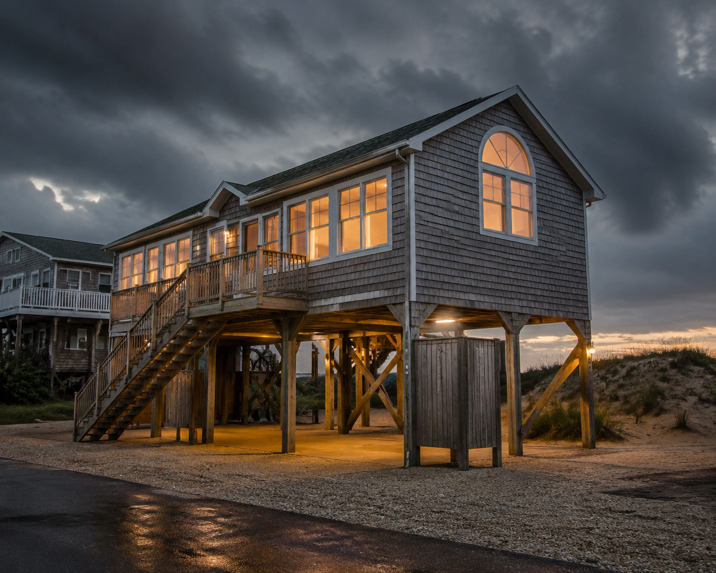 Raised Jersey Shore beach house on pilings under storm clouds with no visible basement