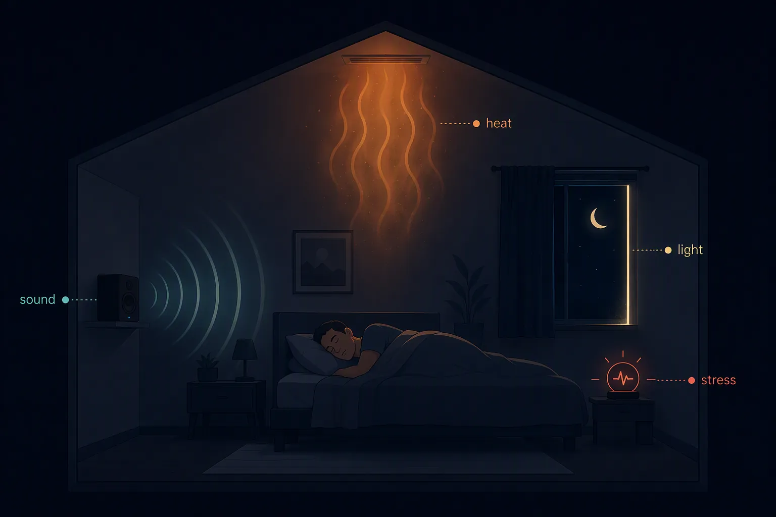 Diagram of heat, light, sound, and stress converging on a sleeping person during a power outage