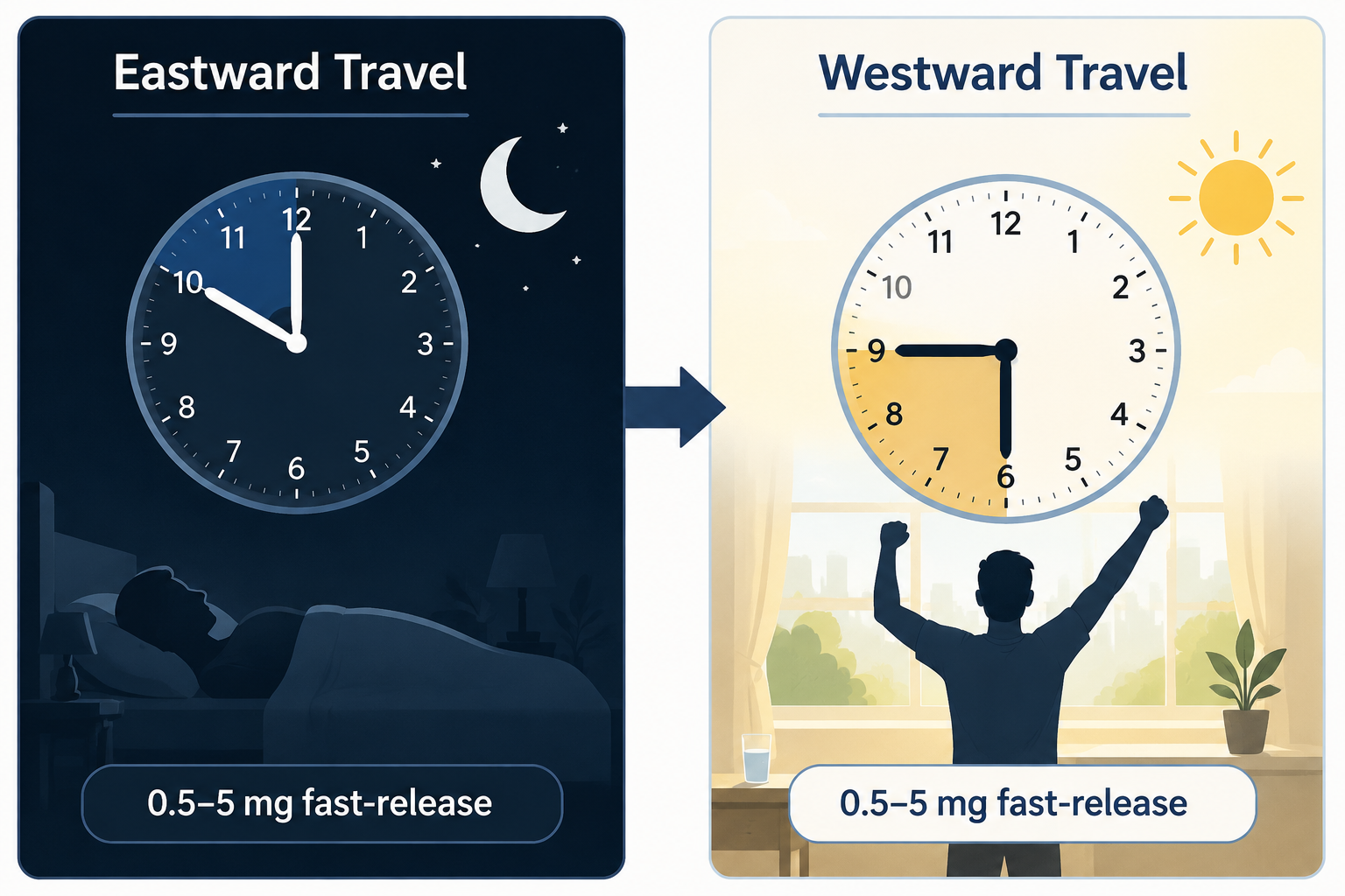 Two-panel comparison of eastward bedtime melatonin timing and westward morning melatonin timing