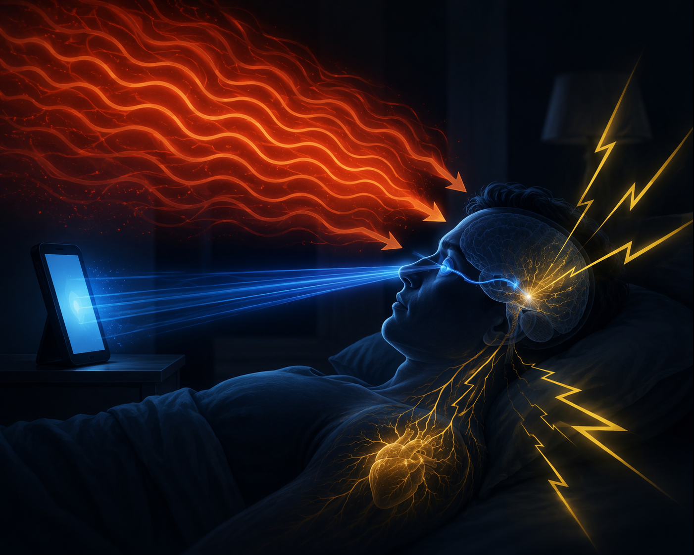 Scientific illustration of heat, phone light, and stress signals converging on a sleeping person during a power outage