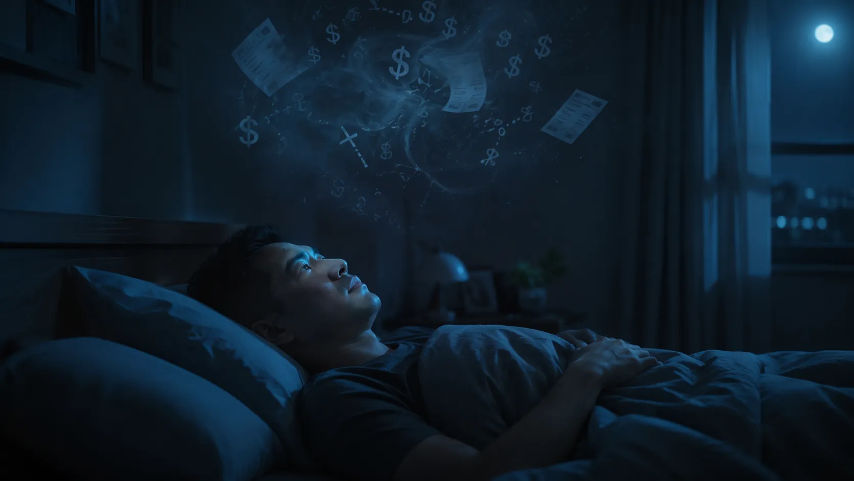A person lying awake in a dim bedroom while numbers, dollar signs, receipts, and calculation symbols drift overhead
