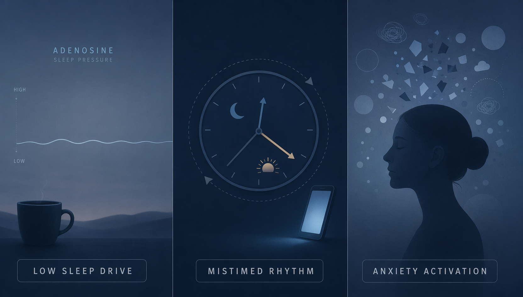 A split-panel illustration showing three sleep profile scenarios: Low Sleep Drive (flat wave line with coffee cup), Mistimed Rhythm (clock with misaligned arrows and phone emitting blue light), and Anxiety Activation (head silhouette with scattered thought fragments).