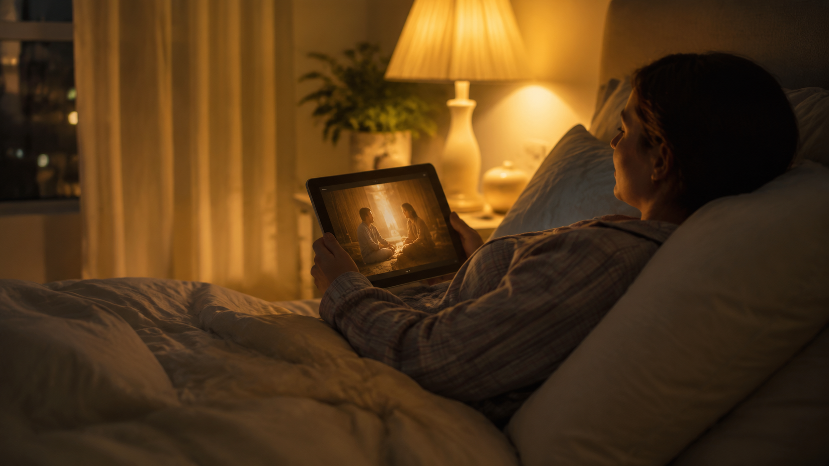 Warm-toned bedroom at night with a person watching a gentle movie on a tablet