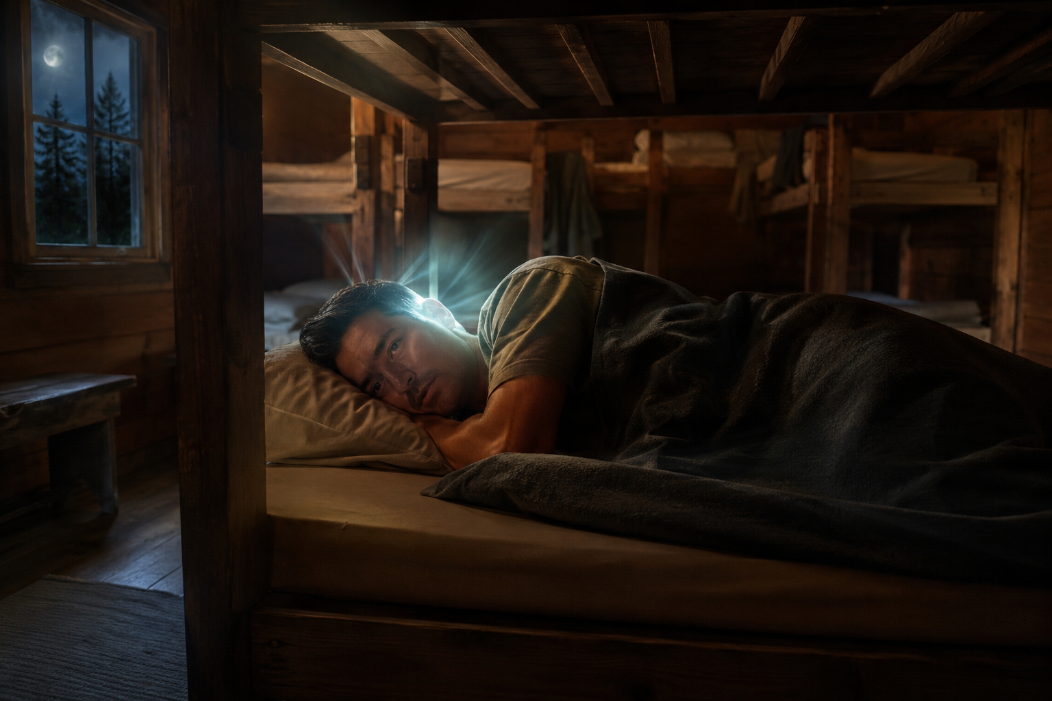 Adult lying awake in a rustic summer camp bunk at night