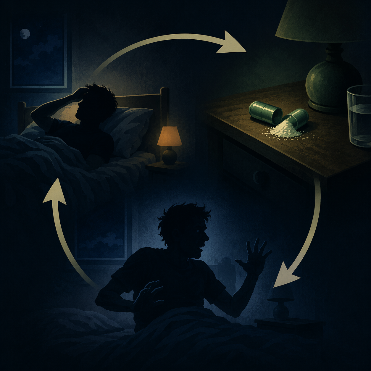 A loop showing insomnia, kratom use, waking distress, and the cycle repeating.