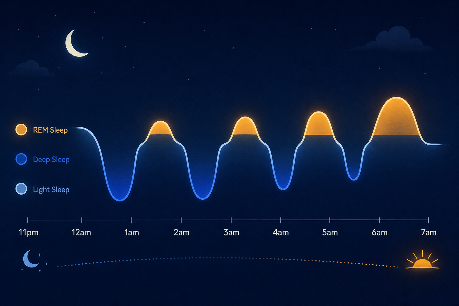 A stylized diagram of a human sleep cycle across a single night, showing alternating waves of deep slow-wave sleep, REM sleep, and light sleep cycling from evening to morning.