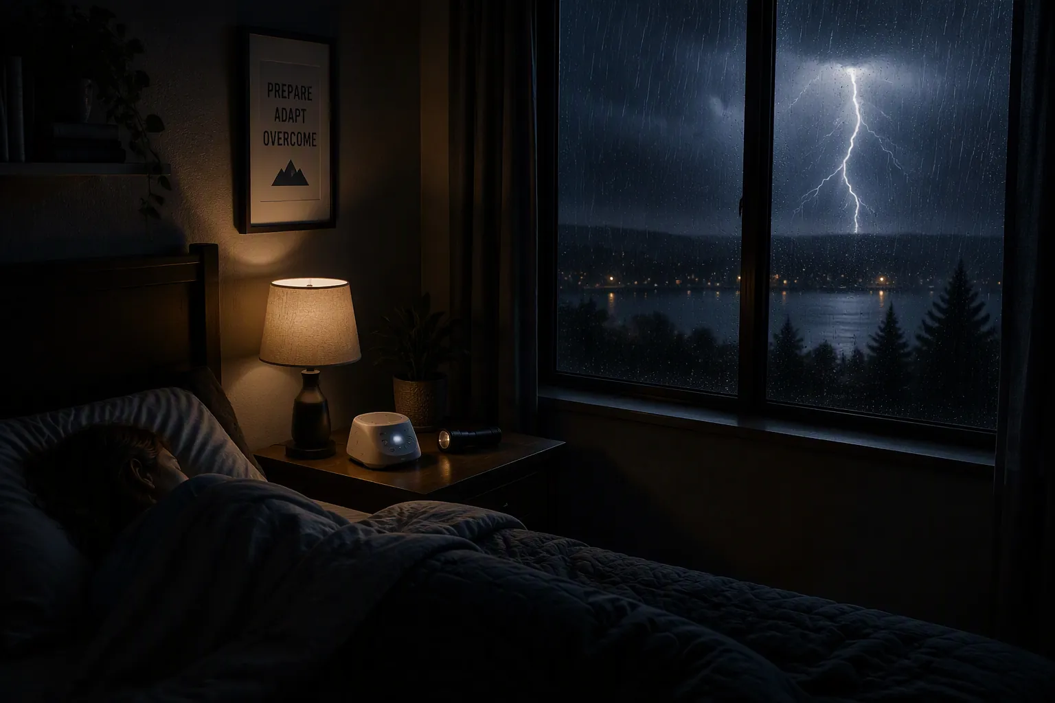 Dark bedroom during a thunderstorm with a sound machine and flashlight ready on the nightstand