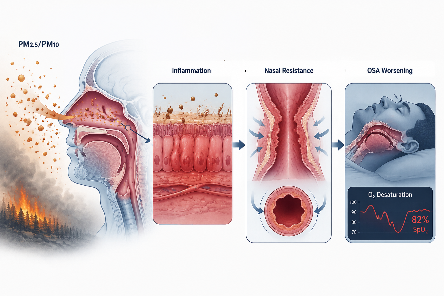 Scientific pathway showing PM2.5 and PM10 particles causing upper-airway inflammation, nasal resistance, airway collapse, and oxygen desaturation