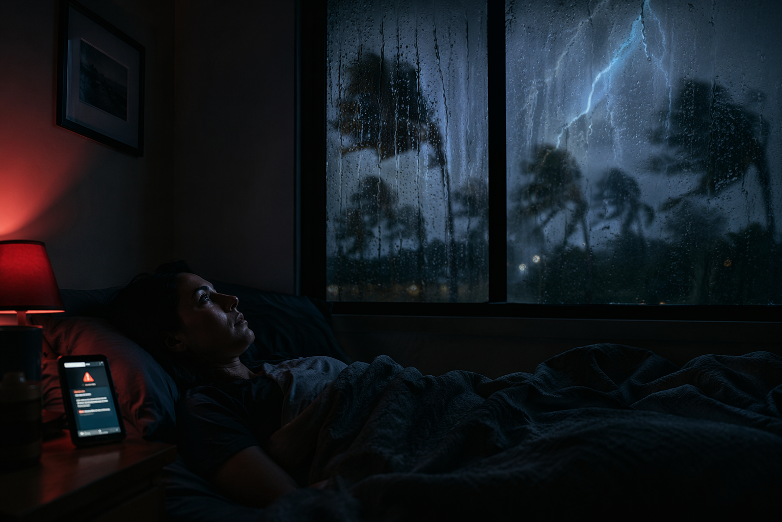 Dark bedroom during a tropical storm with lightning outside, a phone on the nightstand, and a faint red nightlight