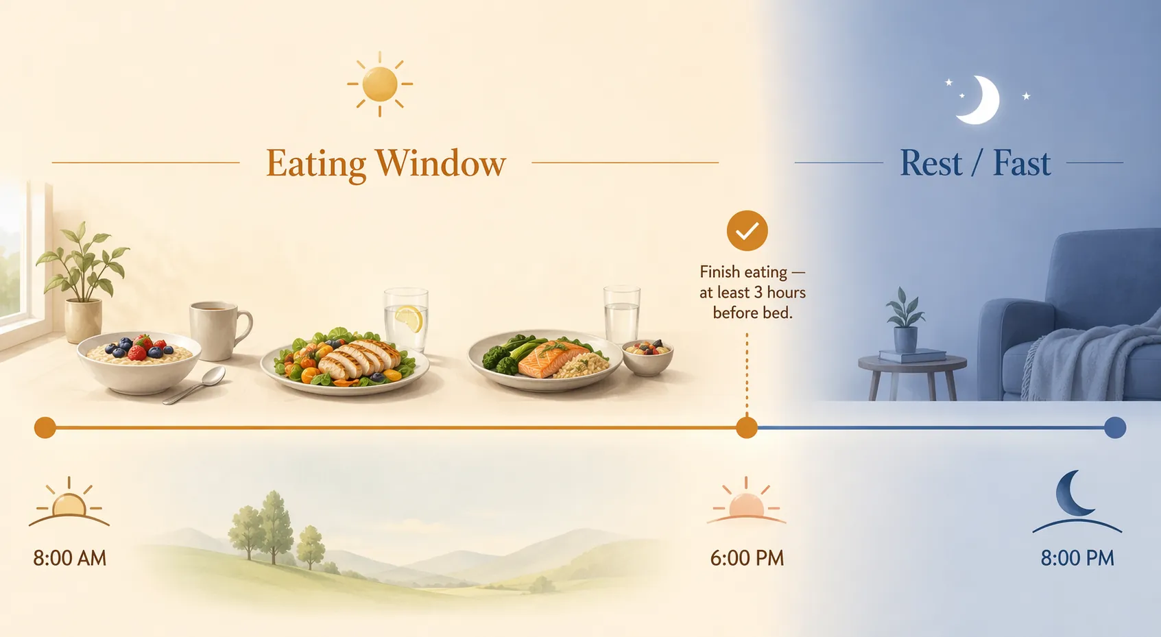 Daily timeline showing a 10-hour eating window from 8 AM to 6 PM followed by evening fasting and sleep hours
